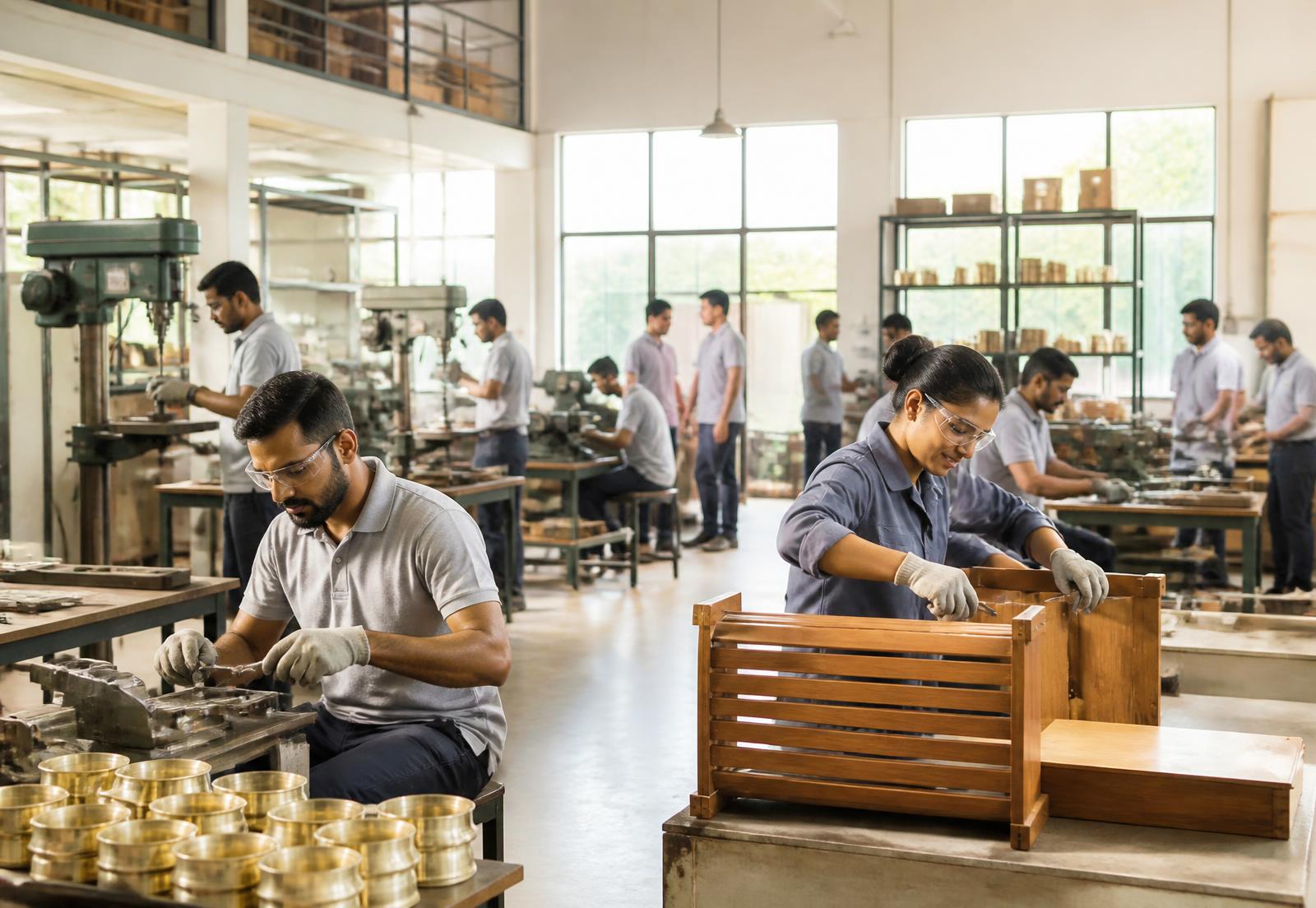 Workers in an Indian small-scale manufacturing unit assembling metal and wooden goods