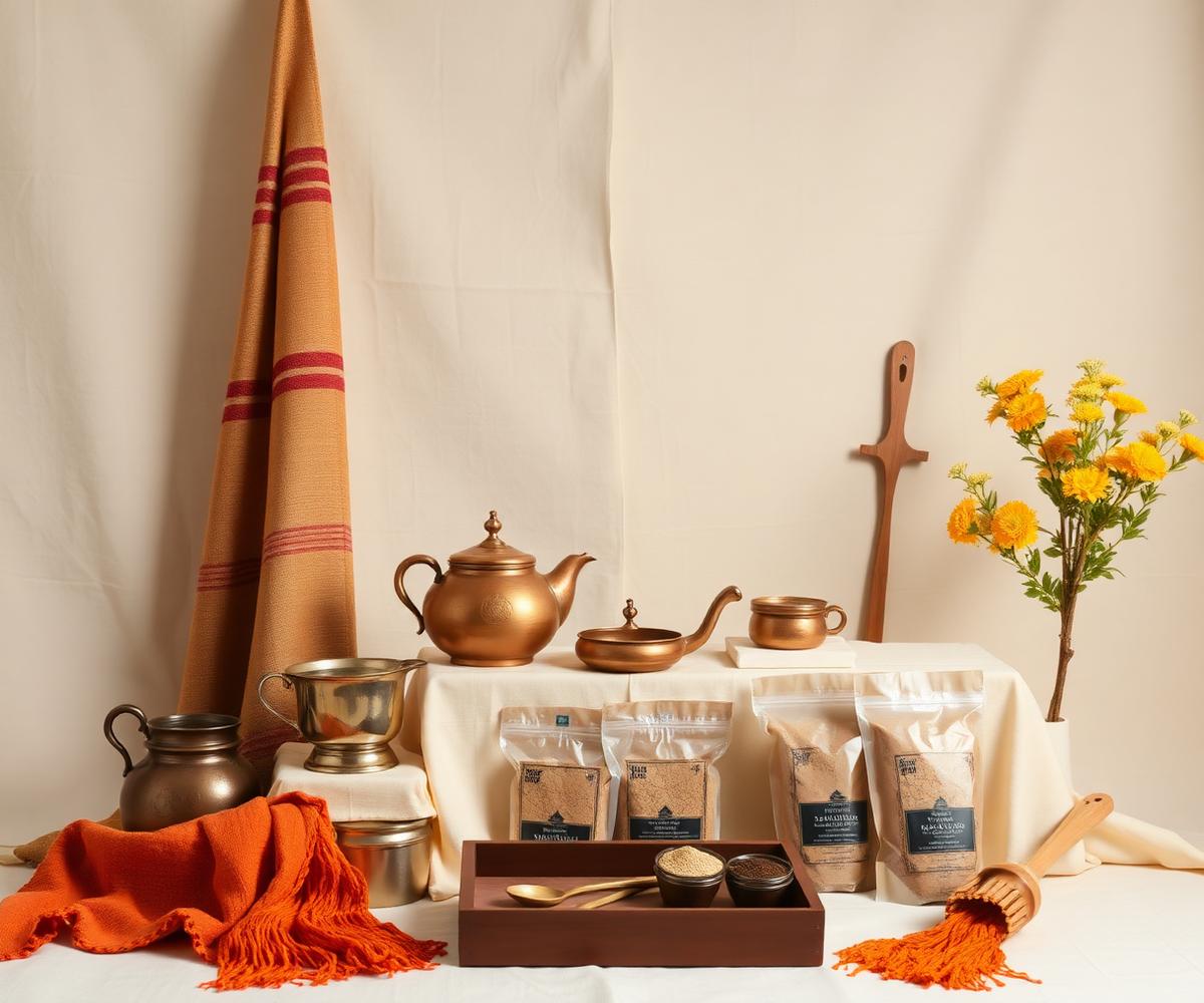 Curated Indian MSME products — handwoven textiles, brassware and packaged goods